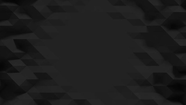 Abstract Polygonal Center Display Loop 1B: dark black geometric surface backdrop with central empty copy space blank circular area for product display, text placement. Seamless loop 4K UHD, FullHD.