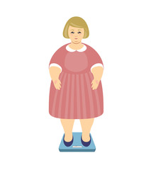 Blonde overweight woman weighed on scales