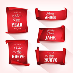 Happy New Year In Multilanguage On Red Parchments