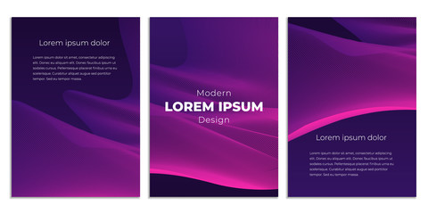Fluid poster covers set with modern ultraviolet color. Abstract geometrical illustration with blend shapes. Set of three templates.