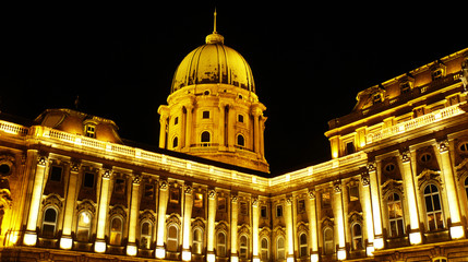 Columns of Buda Castle, the Historic Royal Palace in Budapest, Hungary by night