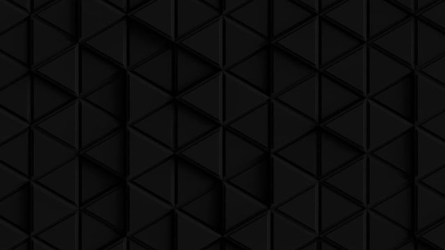 Abstract Triangle Geometric Surface Loop 2B: dark clean minimal beveled triangles grid pattern, waving motion background canvas obscure dim shadowy dark gray grey black. Seamless loop 4K UHD FullHD.
