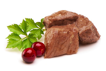 Stew Meat with herbs, close-up, isolated on white background.