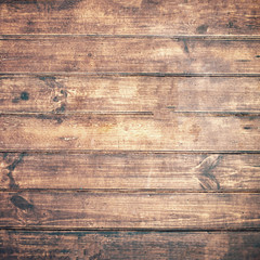 Brown wooden background. Old vintage  texture of bark wood, table or floor with horizontal dark planks. Flat lay. Nature concept.