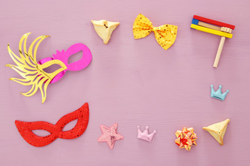 Purim celebration concept (jewish carnival holiday). Top view.