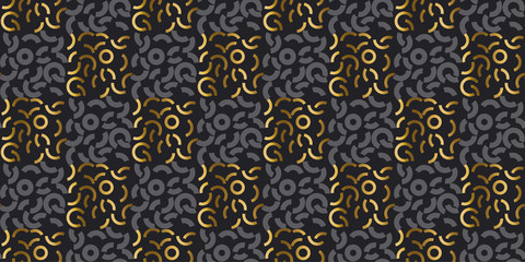 Abstract modern geometry repitable motif for surface design. Cool gold and black seamless pattern with geometric decorative shapes. 