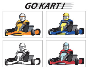 Racers in the karts in different colors / Karting, Competition, Championship, Winner, vector, set
