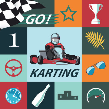 Karting Infographic set. Flat design, colored sports set with Kart, icons, racer and others vector elements, vector