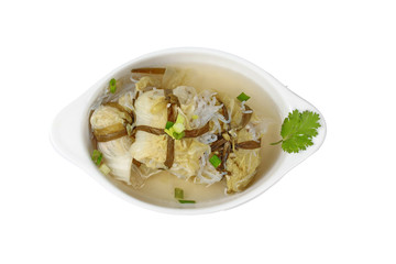 Isolated  of Streamed lettuce wrap minced pork by shallot in bone soup