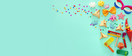 Obraz premium Purim celebration concept (jewish carnival holiday). Top view.