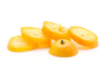 Fototapeta na wymiar One sliced kumquat rings isolated on white background.