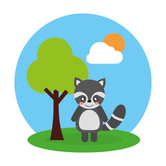 cute animal raccoon tree and sky landscape vector illustration