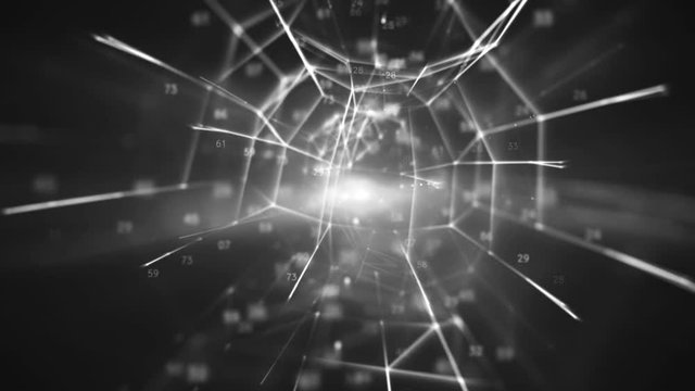 Big Data Network Loop 1B: dark rotating flickering monochrome background, central core nexus of bright mesh cloud connections, random white percentage number values. 4K UHD, FullHD, seamless loop.