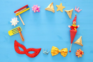 Purim celebration concept (jewish carnival holiday). Top view.