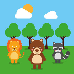 cute babies lion bear raccoon animals in the forest landscape vector illustration