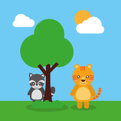 Obraz na płótnie Canvas two cute animals raccoon and tiger friendly vector illustration