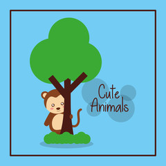 cute animal monkey with tree card decoration vector illustration