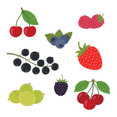 Berries Set Vector Illustration. Strawberry, Blackberry, Blueberry, Cherry, Raspberry, Black currant, Gooseberry. Berries and their Combinations Set