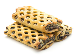 Three lattice breads set with coconut and sweet chocolate inside isolated on white background fresh baked.