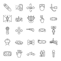 Virtual reality and accessories line icons set isolated on white background. Vector illustration with virtual reality, helmet, vr weapon, web icons in line style.