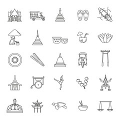 Obraz premium Thailand line icons set isolated on white background. Vector illustration with Thailand architecture, food and culture elements web icons in line style.
