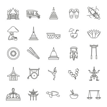Thailand line icons set isolated on white background. Vector illustration with Thailand architecture, food and culture elements web icons in line style.