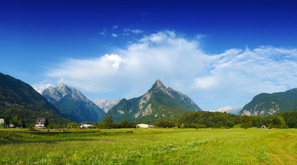 Panoramic view of idyllic mountain valley, Bovec, Slovenian Alps