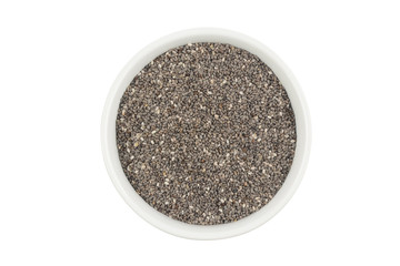 Chía en un bol de cerámica blanca sobre fondo blanco, semillas
