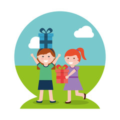 Obraz na płótnie Canvas two of happy girls with presents box vector illustration