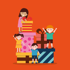 group of kids with nicely wrapped gift boxes vector illustration