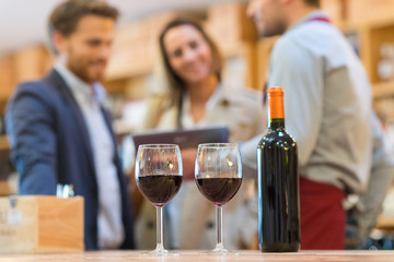 glasses of wine with food on table