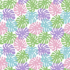  monstera purple, light green, pink and blue leaves tropical summer paradise pattern on a white background seamless vector © n_i_r_v_a_n_a