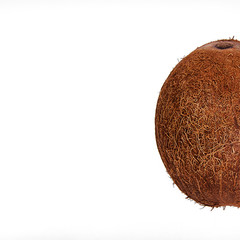 Coconut Flat lay Whole coconut in peel is lying on white background Top view Trendy colorful photo mockup with space for text