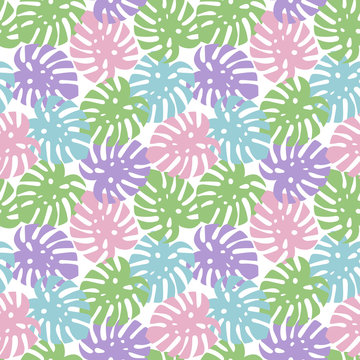 monstera purple, light green, pink and blue leaves tropical summer paradise pattern on a white background seamless vector