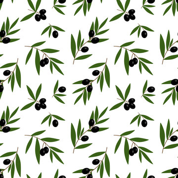 black olives branches with green leaves oil pattern on a white background seamless vector