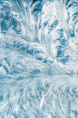 Blue Frosty Glass Ice Background, Natural Beautiful Snowflakes Frost