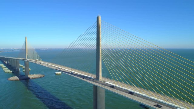 Aerial drone video steel cable suspension bridge Tampa Florida skyway