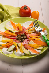 caprese with mozzarella tomatoes and vegetables, selective focus