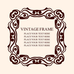Vintage decorative frame. Elegant ornamental template for design of birthday and greeting card, wedding invitation with place for text. Vector illustration