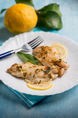 fish fillet with lemon and sage, selective focus