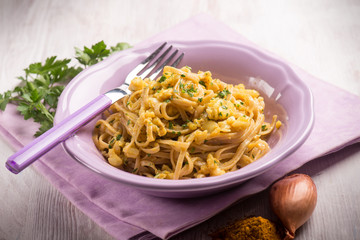 pasta with fish ragout, selective focus