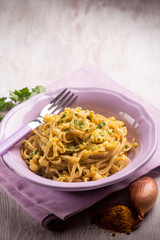 pasta with fish ragout, selective focus