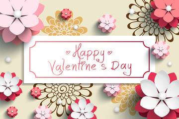 Valentine's day design, graceful floral paper art style on beige background