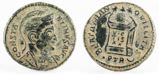 Ancient Roman copper coin of Emperor Constantine I Magnus.