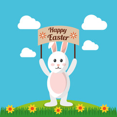happy easter rabbit holds placard with landscape vector illustration