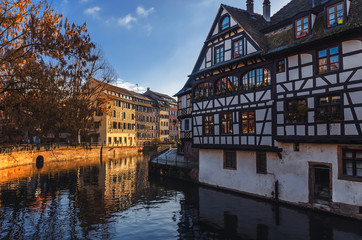 Fototapeta na wymiar Strasbourg. Alsace, France. Traditional half-timbered houses reflected in river Ill.