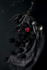 monochrome food picture of blackberries and one red raspberry on a napkin and slate plate kitchen...