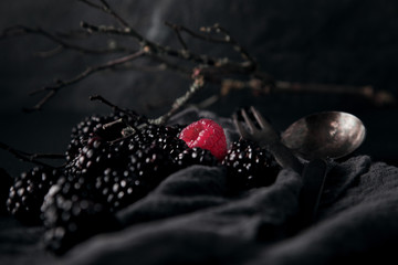 monochrome food picture of blackberries and one red raspberry on a napkin and slate plate kitchen table can be used as background