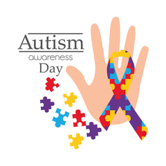Fototapeta premium autism awareness day card with hand puzzle shape ribbon vector illustration
