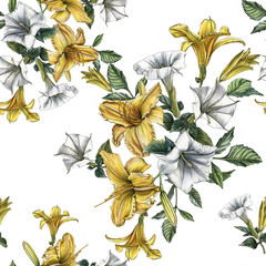 Floral seamless pattern with watercolor daylilies and datura flower - 188593169